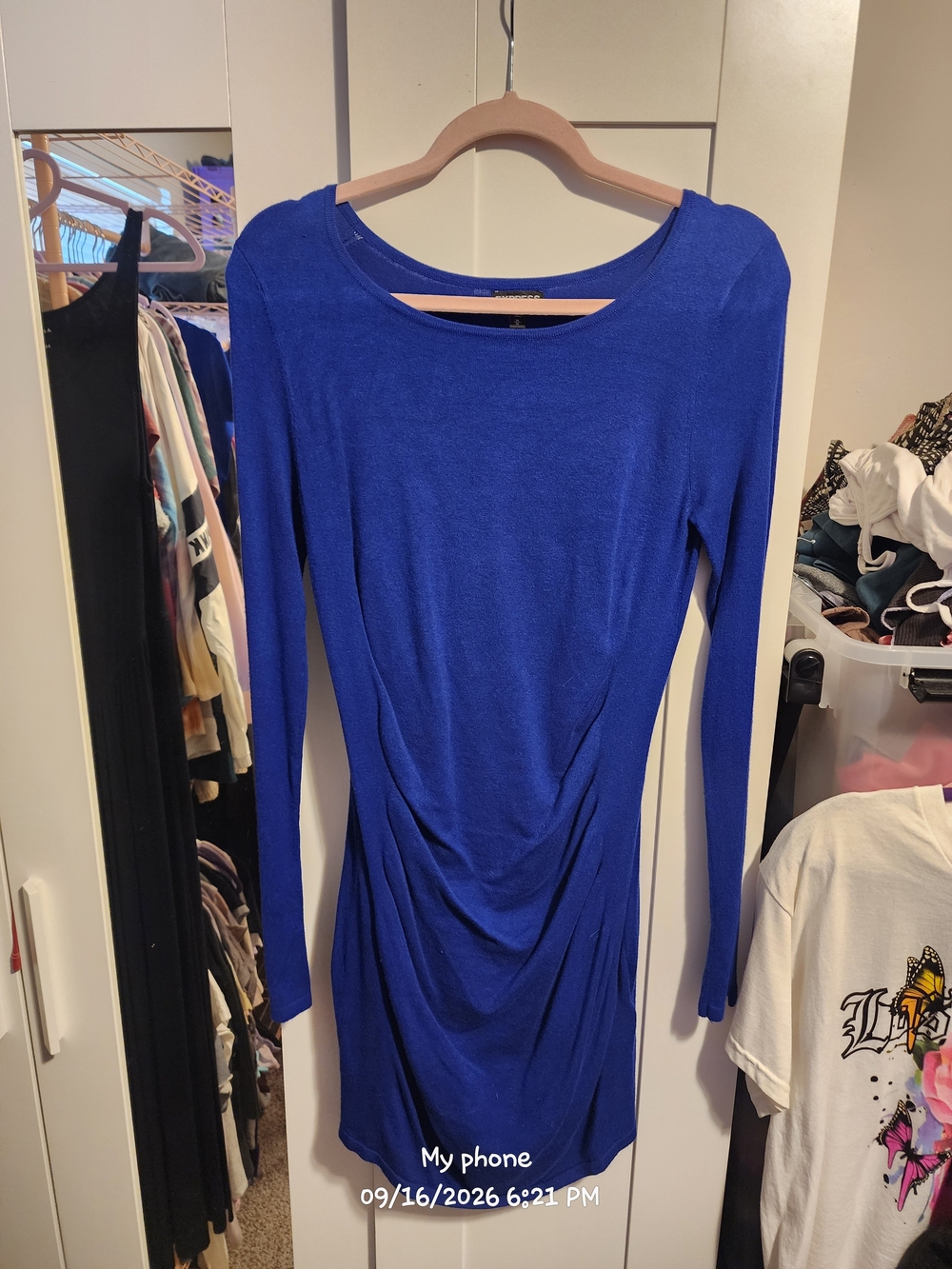 Express Cobalt Blue Long-Sleeve Draped Women's Dress